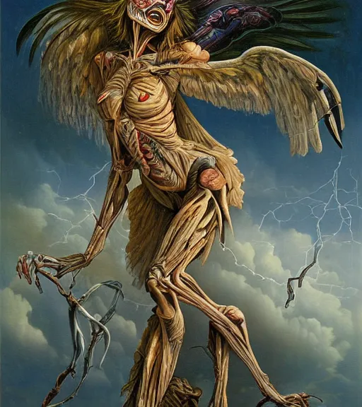 Image similar to an anatomical oil painting of a Harpy from a medical journal by Nychos and Julie Bell, highly detailed, high detail, 8k, storm clouds, birds, dramatic lighting