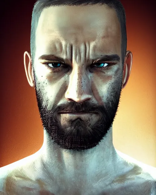Image similar to portrait of muscular, tired and alcoholic 3 0 - year - old grieving man with short darkblonde hair, serious sad look in his eyes, looking down, dirty beard, blue eyes, crying tears, wearing dirty soldier uniform, on the desert, sad atmosphere, hyper realistic face, character art, art by mark brooks, cryengine, trending on artstation, digital art