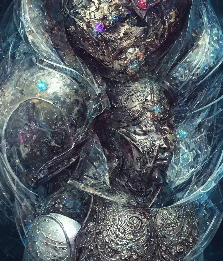 Image similar to front!!! shot of a court jester!!! character, mesmerizing fractal hypercubes, platinum cracked, dark holography!!!, future, metallic galactic, crystalline edges, polygonal, elegant, highly detailed, centered, (((artstation, concept art, jagged, sharp focus, artgerm, Tomasz Alen Kopera, Peter Mohrbacher, donato giancola, Joseph Christian Leyendecker, WLOP, Boris Vallejo))), ((raytracing)), mugshot!!!!!, ugly!!!!!!, octane render, nvidia raytracing demo, octane render, nvidia raytracing demo, octane render, nvidia raytracing demo, 8K, cinematic, masterpiece, fine portrait