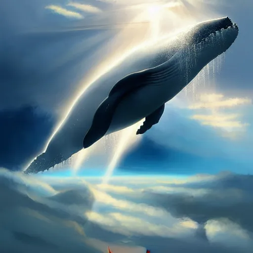 Image similar to digital painting of a whale flying through the clouds. dramatic lighting. god rays. by artem rhads chebokha