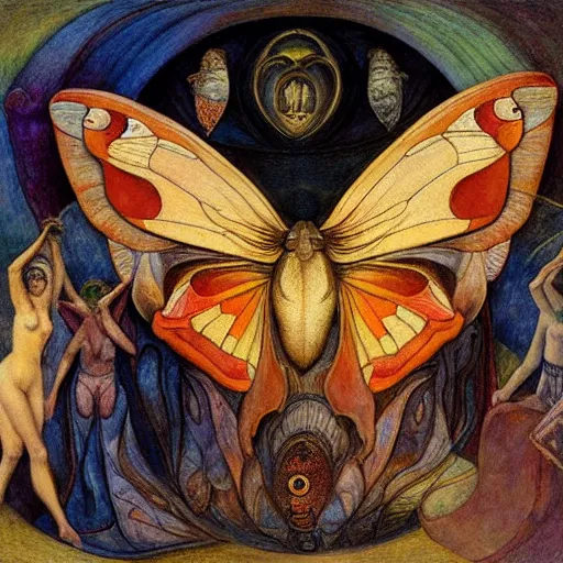 Prompt: moths attending their queen, by Annie Swynnerton and Diego Rivera and Evelyn De Morgan, symbolist, dramatic lighting, elaborate geometric ornament, Art Brut, god rays, soft cool colors,smooth, sharp focus, extremely detailed, Adolf Wölfli
