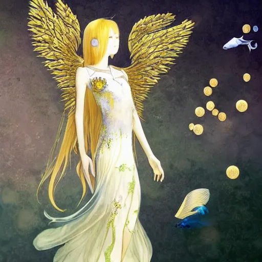 Image similar to anthropomorphic angel with betta fish dress, white and gold color palette, by Yoshitaka Amano, ethereal, dreamy, god rays