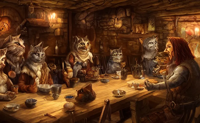 Image similar to mindblowing cat folk talking inside a tavern, fantasy art, cozy, dnd, digital art, 4 k, sharp, uhd