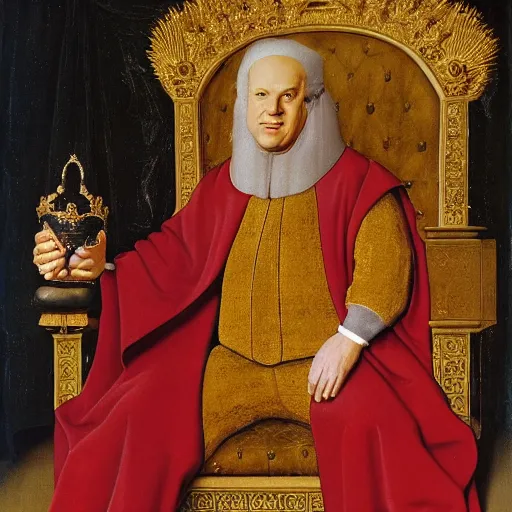 Prompt: A painting of Benjamin Netanyahu sitting in a golden chair wearing a red furred cape and a crown holding a royal ornate rod by Jan Van Eyck