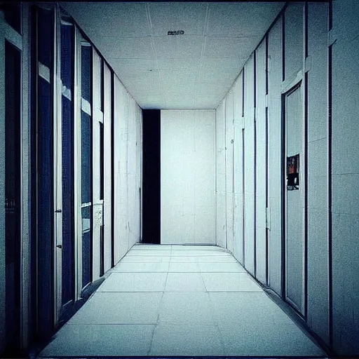 Image similar to “the inside of a huge white building with with many doors and stairs, confusing, clean geometric shapes, creepy, doors, strange dimensions, anime style, detailed background, horror anime”