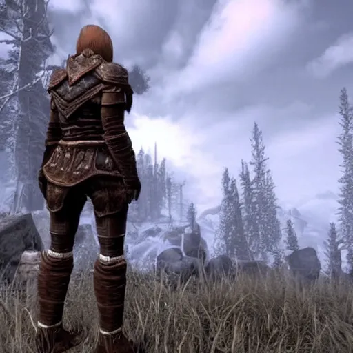 Prompt: walking through skyrim but all the NPCs are robots