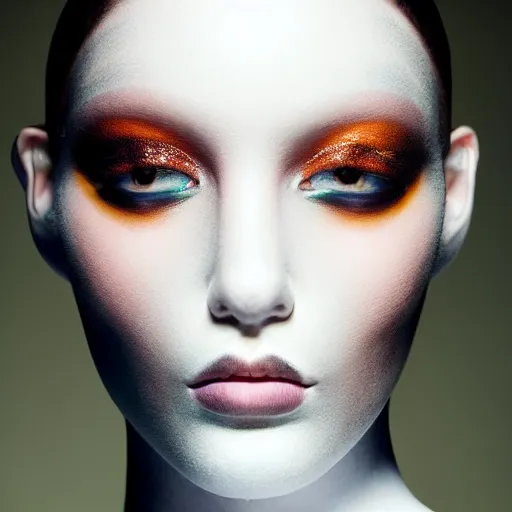 Image similar to high fashion photography of a model in neo futurism white sci - fi makup, transparent cloth, beautifully lit