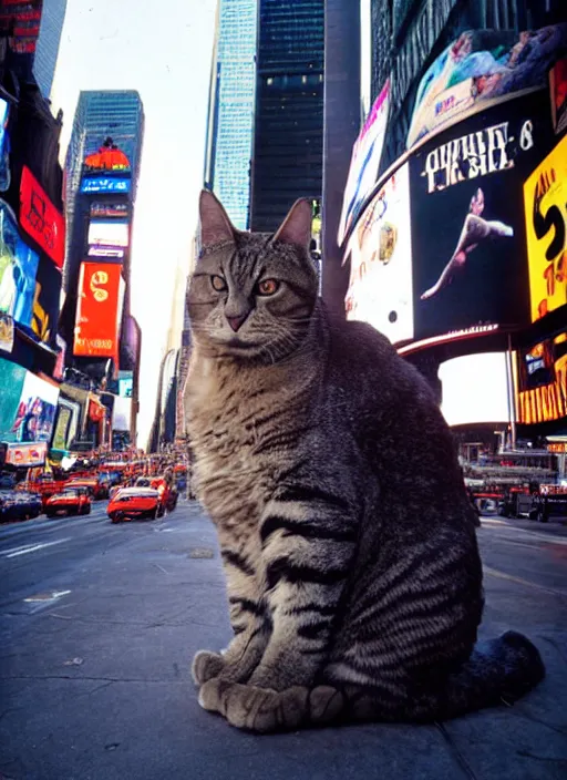 Image similar to a giant cat in times square, cinestill