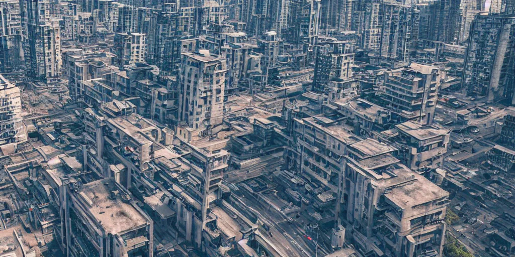 Image similar to drone view of a city with a large road through, Brutalist architecture,sharp focus,telephoto lens,digital art by Jordan Grimmer 4k