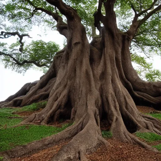 Prompt: oak tree as big as a building with people among the roots