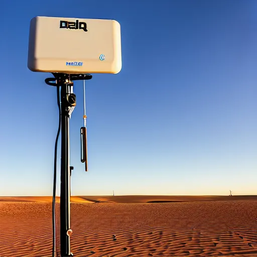 Image similar to peaceful mobile camoflaged rugged weather station sensor antenna on all terrain tank wheels, for monitoring the australian desert, XF IQ4, 150MP, 50mm, F1.4, ISO 200, 1/160s, dawn