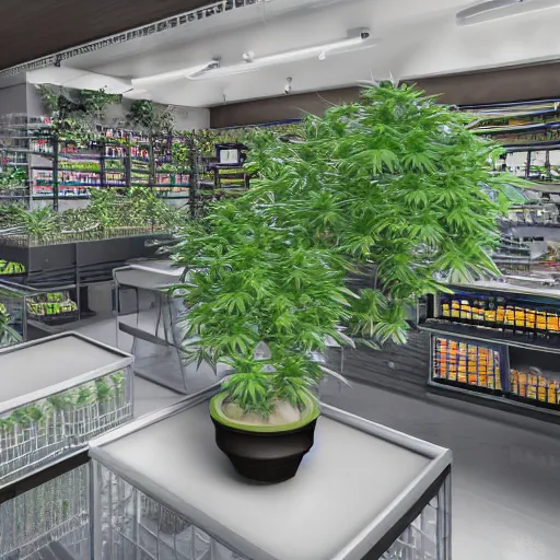 Image similar to bustling economy clean minimalist retail cannabis leaf pot plants, aussie, illustrated, environment portrait by steve hanks, australia 3 d axometric render still by pixar