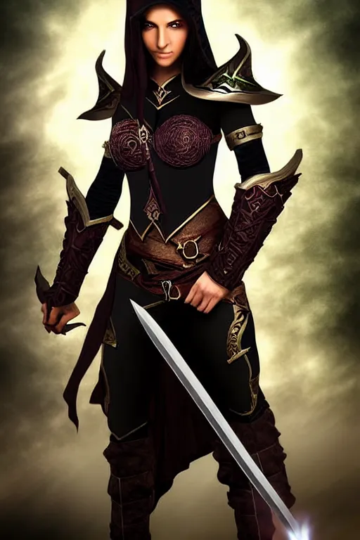 Prompt: fantasy genre character portrait photograph. half - elf female dualclassed fighter - wizard. face like sunny leone. young thin face, pale skin, straight black hair. black armore. enchanted chain - blade. athletic build.