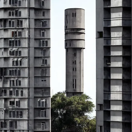 Image similar to a giant brutalist tower built in brutalist architecture, diverse unique building geometry full of shapes and corners, with a smaller base than the top of the tower, slowly growing in width as we get higher