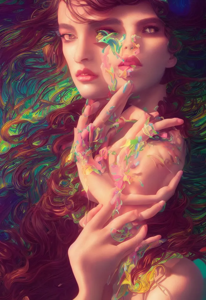 Image similar to beautiful, young woman, detailed gorgeous face, vaporwave aesthetic, synthwave, colorful, psychedelic, artstation, concept art, smooth, extremely sharp detail, finely tuned detail, ultra high definition, 8 k, unreal engine 5, ultra sharp focus, illustration, art by artgerm, greg rutkowski and alphonse mucha