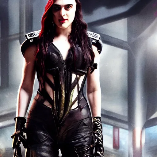 Image similar to Katie McGrath as Cyberpunk Morgana