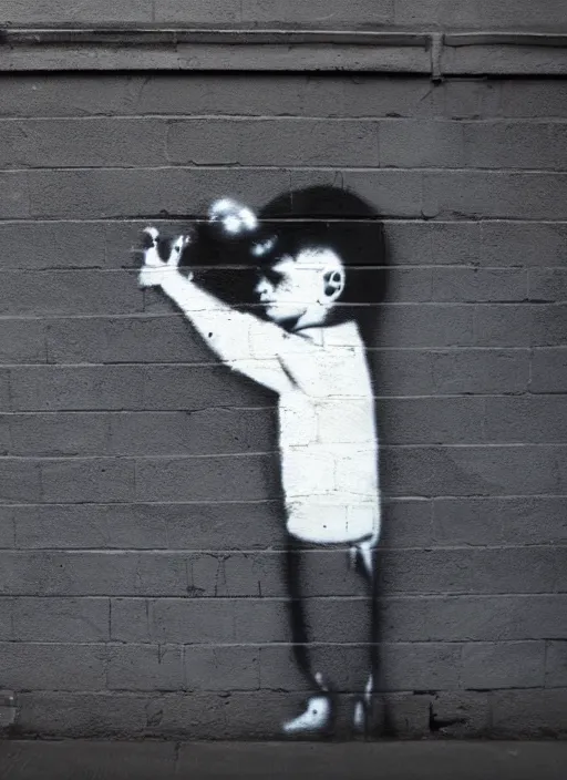 Image similar to a side profile of a black and white graffiti of boy holding a single dark blue balloon on a concrete background in the style of Banksy, graffiti, digital art