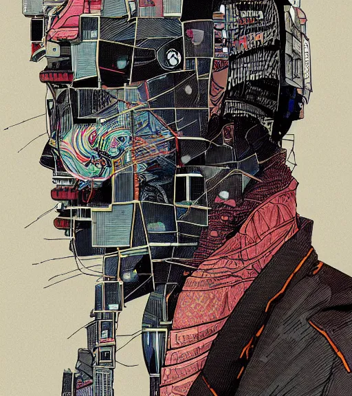 Prompt: a cyberpunk man with a glitching patchwork face of various ethnicities, Industrial Scifi, detailed illustration, character portrait, by Martin Grip and Moebius