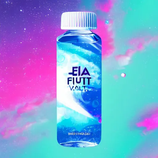 Image similar to a fiji water filled with space with a vaporwave background