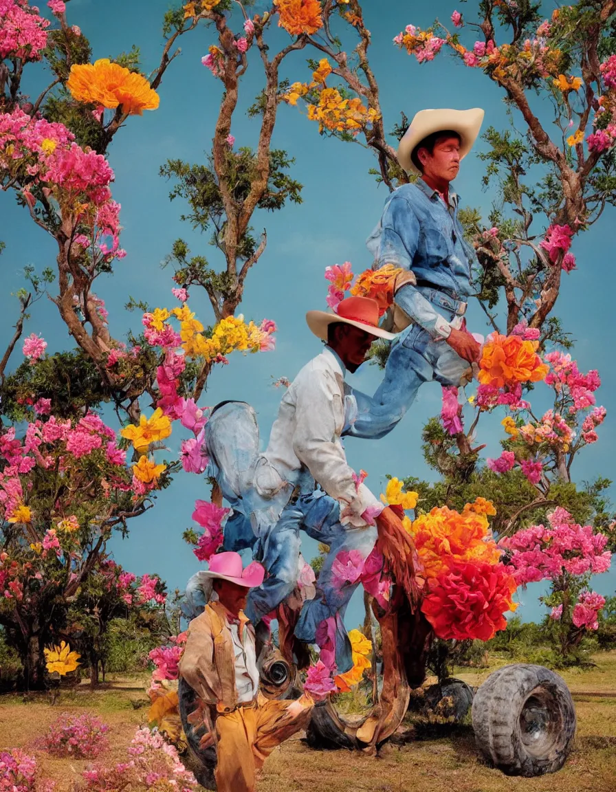 Image similar to a cowboy turning into blooms by slim aarons, by zhang kechun, by lynda benglis. tropical sea slugs, angular sharp tractor tires. complementary bold colors. warm soft volumetric dramatic light. national geographic. 8 k, rendered in octane, smooth gradients. angular sculpture by michelangelo.