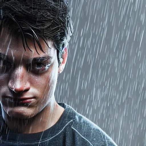 Prompt: Peter Parker , wet face , heavy rain ,dramatic, intricate, highly detailed, concept art, smooth, sharp focus, illustration, Unreal Engine 5, 8K