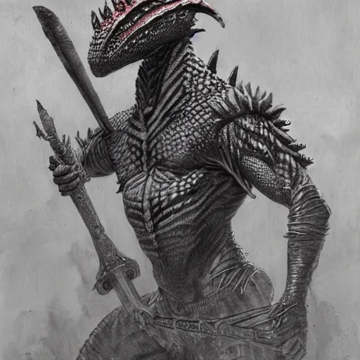 Prompt: tribal lizardman warrior concept, wielding aztec club, beksinski