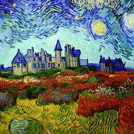 Image similar to a lovely scottish castle in a wide field, surrounded by flowers warm lighting in the style of Vincent Van gogh