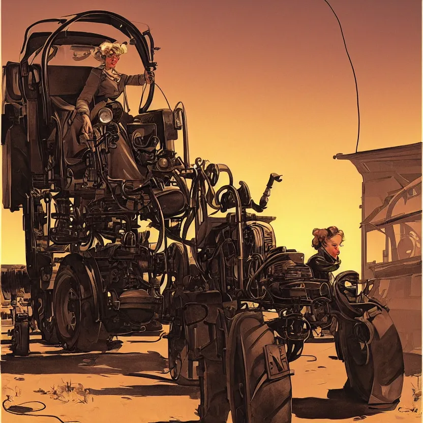 Image similar to a woman driving a steampunk tractor at dusk, by syd mead and norman rockwell. highly detailed digital art. retrofuturism. beautiful lighting. trending on artstation.