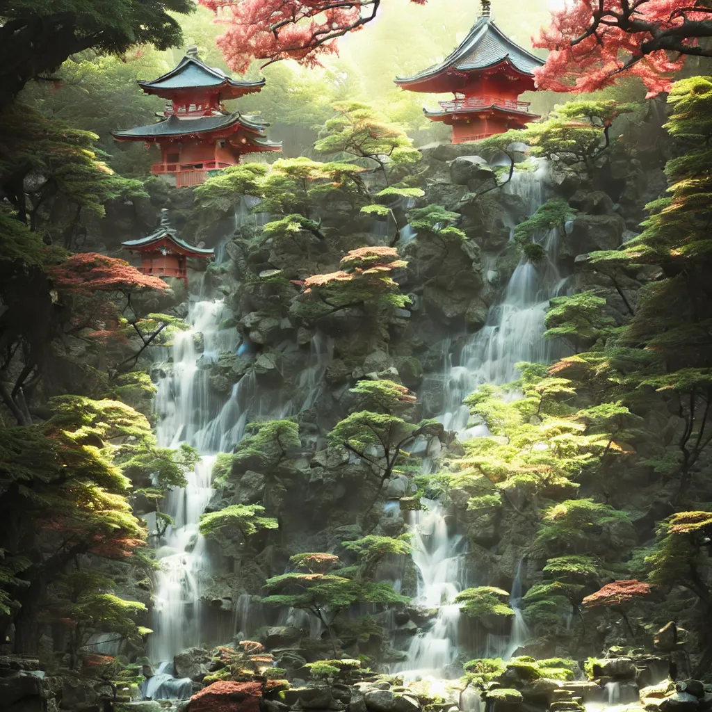 Image similar to A magical Japanese temple garden on a sunny day, dreamy feeling waterfalls, art by Andreas Rocha and greg rutkowski, highly detailed, digital painting, matte painting, concept art, illustration, warm lighting, trending on artstation, very detailed