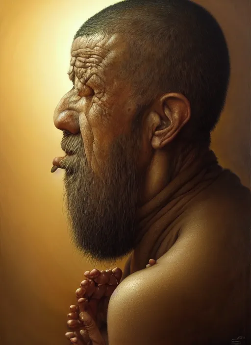 Image similar to monk with a bonsai growing out of his head, intricate, rim light, extremly detailed oil painting, by tomasz alen kopera, cgsociety and fenghua zhong, highly detailed, art, cinematic lighting, very coherent, hyper realism, high detail, 8 k