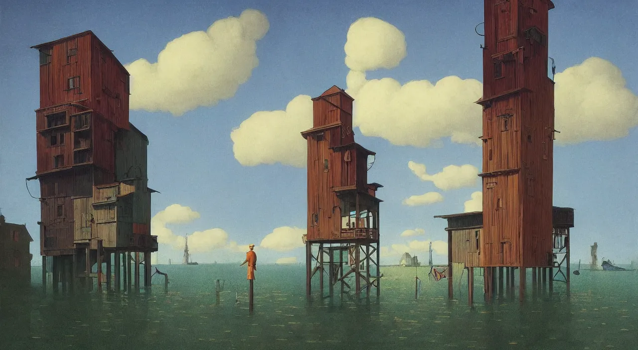 Image similar to single flooded simple wooden tower, very coherent and colorful high contrast!! masterpiece by rene magritte simon stalenhag carl spitzweg syd mead norman rockwell edward hopper james gilleard, minimalist, dark shadows, sunny day, hard lighting