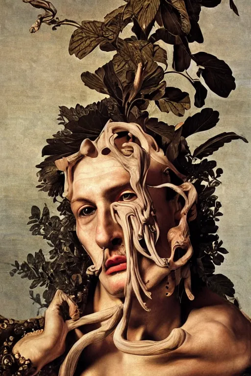 Image similar to Detailed maximalist portrait a Greek god with large lips and with large white eyes, exasperated expression, fight pose, fleshy skeletal, botany, HD mixed media 3d collage, highly detailed and intricate, surreal illustration in the style of Caravaggio, dark art, baroque