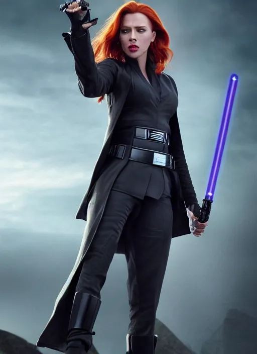 Prompt: scarlett johanson portraying a beautiful mara jade from star wars legends, in a black suit holding a purple lightsaber, movie, hyper realistic, hollywood promotional image, imax, 8 k