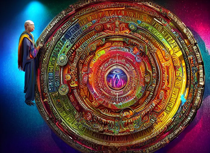 Prompt: hyperrealism, detailed textures, photorealistic 3 d render, a mystical wizard wearing a beautifully coloured tibetan kalachakra crystal mandala with sanskrit writing, sharp focus, ultra realistic, ultra high pixel detail, cinematic, intricate, cinematic light, concept art, illustration, art station, unreal engine 8 k