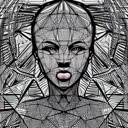 Image similar to Geometrically surreal Artificial Intelligence extremely high detail, photorealistic, intricate line drawings, dotart, album art in the style of James Jean