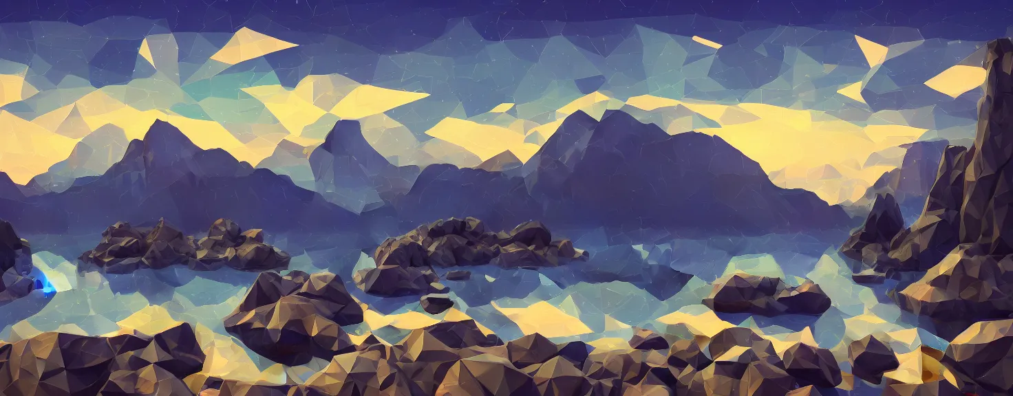 Image similar to super detailed color lowpoly art, northern sunset with rocks on front, blured monochromic lake in the middle of perspective and foggy mountains at background, graphic reindeers in random points, unreal engine, gothic rich deep colors, molotow premium pastel color palette, imperial boy, 3d render, lowpoly, colorful, digital art