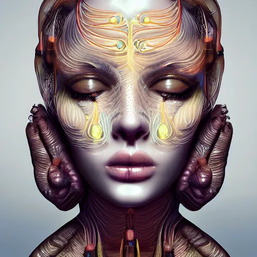 Prompt: very beautiful woman, big open eyes, full face frontal centered, portrait, detailed intricate symmetrical ornate neon cables connected to head, clear lips, luxurious hair, sophisticated abundent wiring and implants, translucent, porcelain, fractal, sci - fi, dramatic lighting, photography, highly detailed, trending on artstation, deviantart, 8 k, by chie yoshii