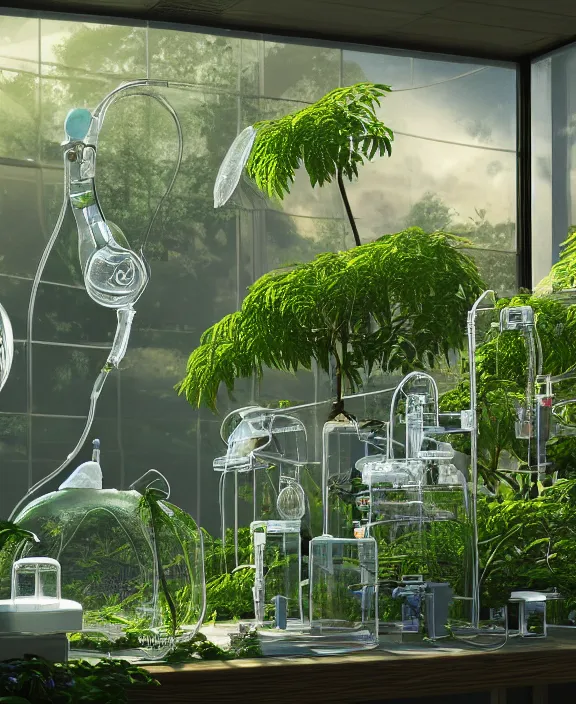 Image similar to intricate transparent clear see - through image of medical equipment, lush botany, garden environment, ultra realistic, concept art, fractal art, photorealistic, octane render, 8 k, unreal engine. art by nori inoguchi and sam kaplan and zachary goulko and christopher marley