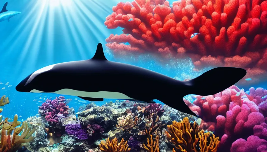 Image similar to a beautiful, noble, giant orca : 1, underwater scenery, beautiful colorful corals, african cichlids and other species of small tropical sea - life, god - rays, volumetric lighting, 8 k, digital art