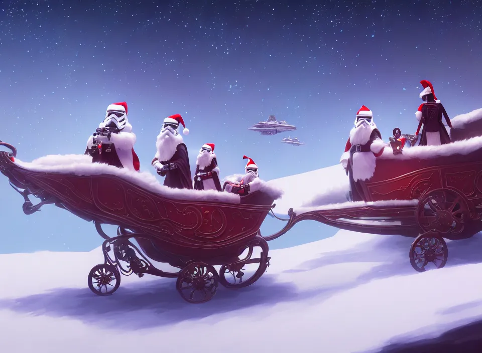 Image similar to extremely detailed concept art of a star wars santa sleigh by makoto shinkai and lois van baarle, ilya kuvshinov, rossdraws, global illumination, octane render, digital art, trending on artstation, sharp focus, 4 k