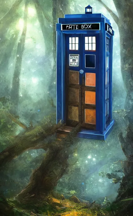 Image similar to a portrait of a tardis, in the woods, dynamic lighting, photorealistic fantasy concept art, trending on art station, stunning visuals, creative, cinematic, ultra detailed