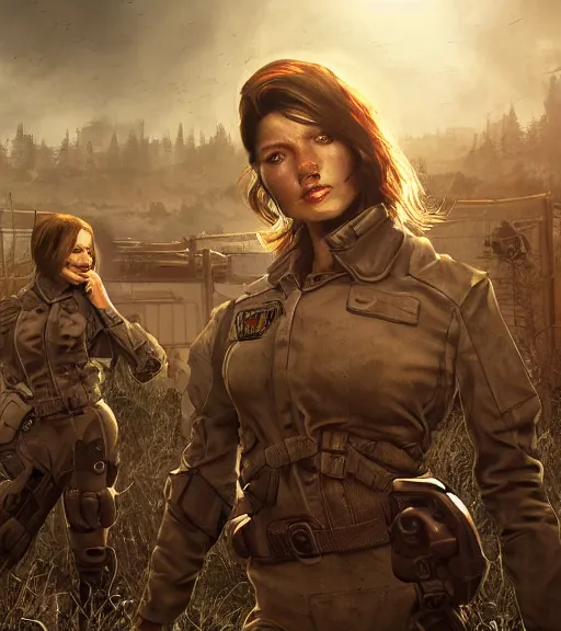 Image similar to fallout 5, concept art brunette female enclave officer leading a squad portrait, concept art, outdoors industrial setting, spring time, slight overcast, atmospheric lighting, painted, intricate, volumetric lighting, beautiful, sharp focus, golden hour, ultra detailed by leesha hannigan, ross tran, thierry doizon, kai carpenter, ignacio fernandez rios