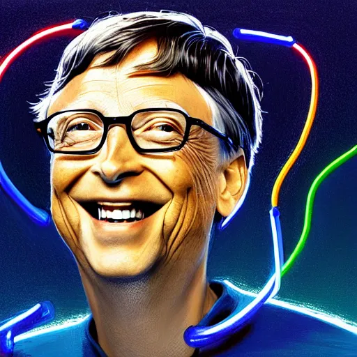 Prompt: bill gates laughing in apple costume, digital illustration by ruan jia on artstation, outlined by whirling illuminated neon lines and fine lines swirling in circles by jesper ejsing and rhads and makoto and shinkai and lois van baarle, digital art, trending on artstation - h 8 3 2