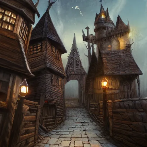 Prompt: medeival fantasy town, slight ruination, night, street blocked by wooden palisade!!, photo, artstation