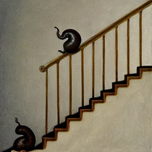 Image similar to snails on the stairs in style of vilhelm hammershoi