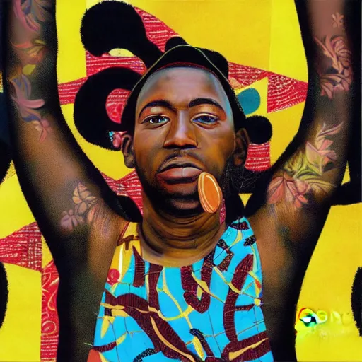 Image similar to decollage painting of a drummer in the style of kehinde wiley, 7 0'style, poster art, high contrast