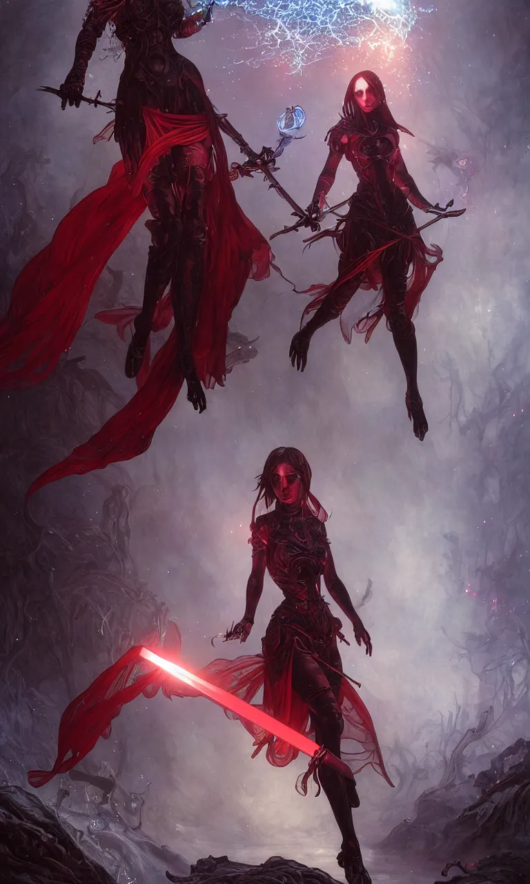 Image similar to full figure, female techno necromancer, pale skin, red cloath, holding a sword wrapped in blue sparkling magic, walking towards the camera, camera pulled back far, detailed illustration, intricate details, surrounded by werewolves, 8 k post processing, scary atmospheric lighting, hyper realistic art by artgerm and greg rutkowski and alphonse mucha and lee bermejo