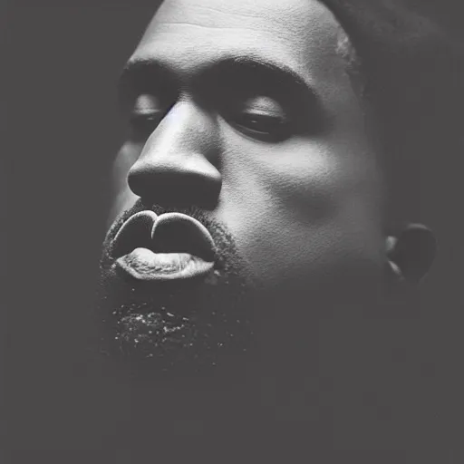 Image similar to a chiaroscuro lighting portrait of kanye west dressed as rick owens, black background, portrait by julia margaret cameron, shallow depth of field, 8 0 mm, f 1. 8