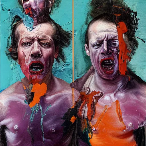 Image similar to high quality high detail painting of two extremely angry men by lucian freud and jenny saville and francis bacon and malcom liepke and nicola samori, hd, anxiety, two men crying and screaming, turquoise and purple and orange and pink, dark atmosphere