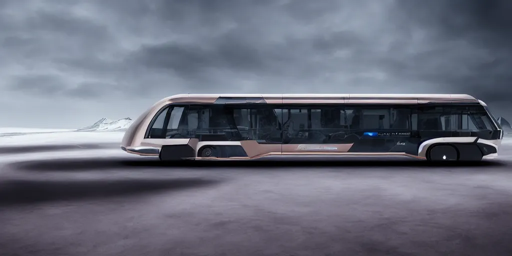 Image similar to a design of a futuristic bus, designed by Polestar and DMC, northern lights background, brushed rose gold car paint, black windows, dark show room, dramatic lighting, hyper realistic render, depth of field